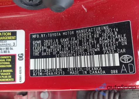 2014 Toyota Corolla Le z USA, uszkodzony, nr VIN 2T1BURHE4EC203410